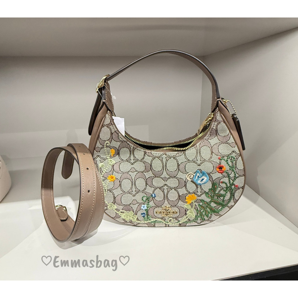 Coach Emily Shoulder Bag Signature Jacquard With Floral Embroidery CDX19 Oak Mul